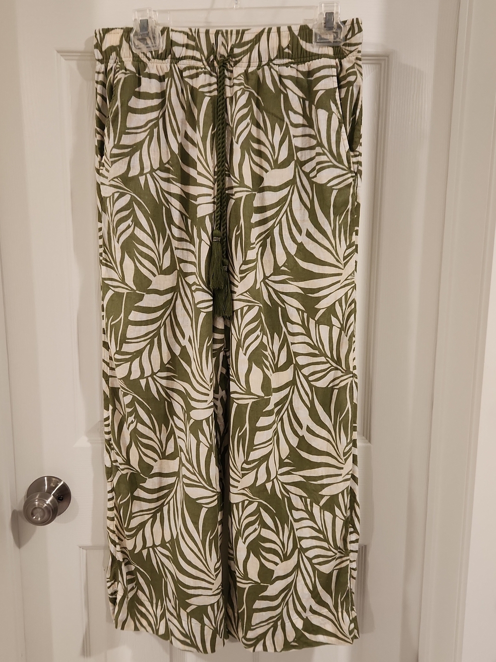 Tahari Linen Blend Wide Leg Pants M Medium Green Palm Leaf Tropical Full Length